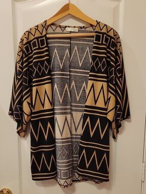 Beige and Black Geometric Open-Front Kimono Top